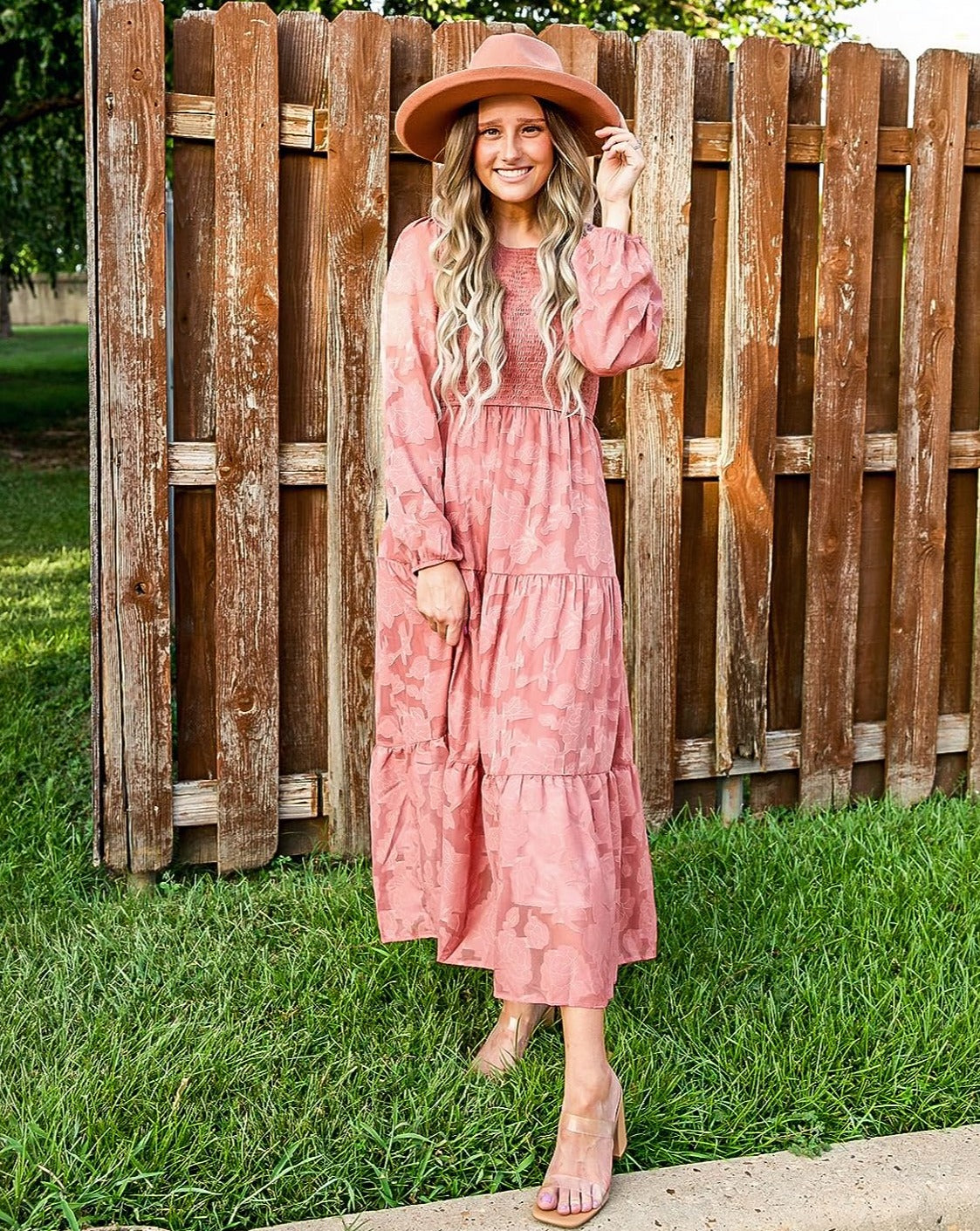 MEROKEETY Floral Textured Long Sleeve Smocked Midi Dress – Merokeety MEROKEETY Floral Textured Long Sleeve Smocked Midi Dress – Merokeety