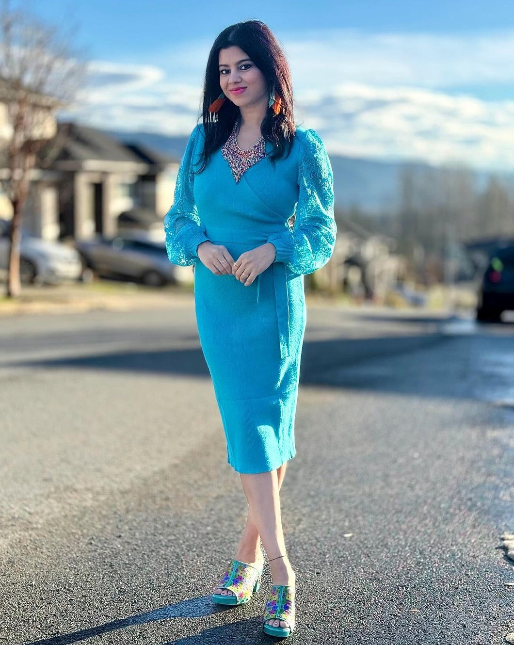 PrettyGuide Women's Wrap Sweater Dress V Neck Long Sleeve Pleated A Line Knit Midi Dresses