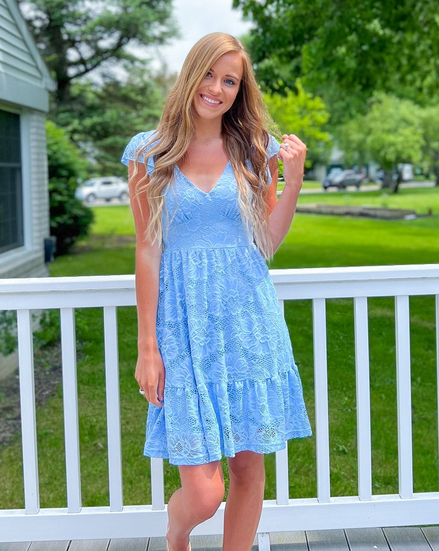 MEROKEETY V Neck Flutter Sleeve Floral Lace Tie Back Mini Dress Merokeety MEROKEETY V Neck Flutter Sleeve Floral Lace Tie Back Mini Dress Merokeety