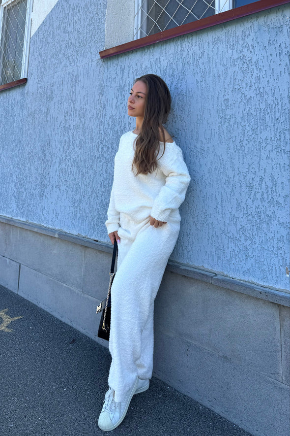 MEROKEETY Pajama Set Fuzzy Fleece Loungewear Off Shoulder Sweater Tops
