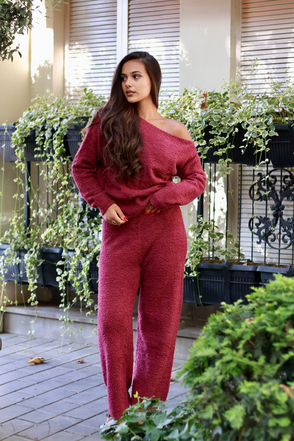 MEROKEETY Pajama Set Fuzzy Fleece Loungewear Off Shoulder Sweater Tops