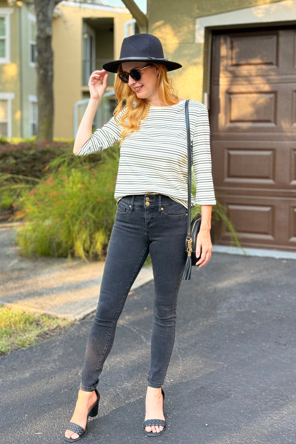 MEROKEETY 3/4 Sleeve Blouse Crewneck Colorful Striped Shirt