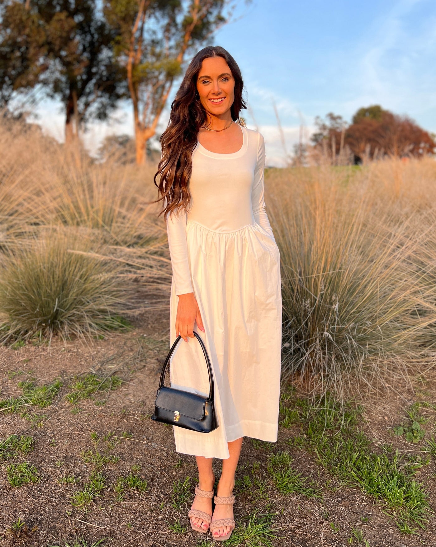 MEROKEETY Long Sleeve Scoop Neck Pleated Swing Midi Dress – Merokeety