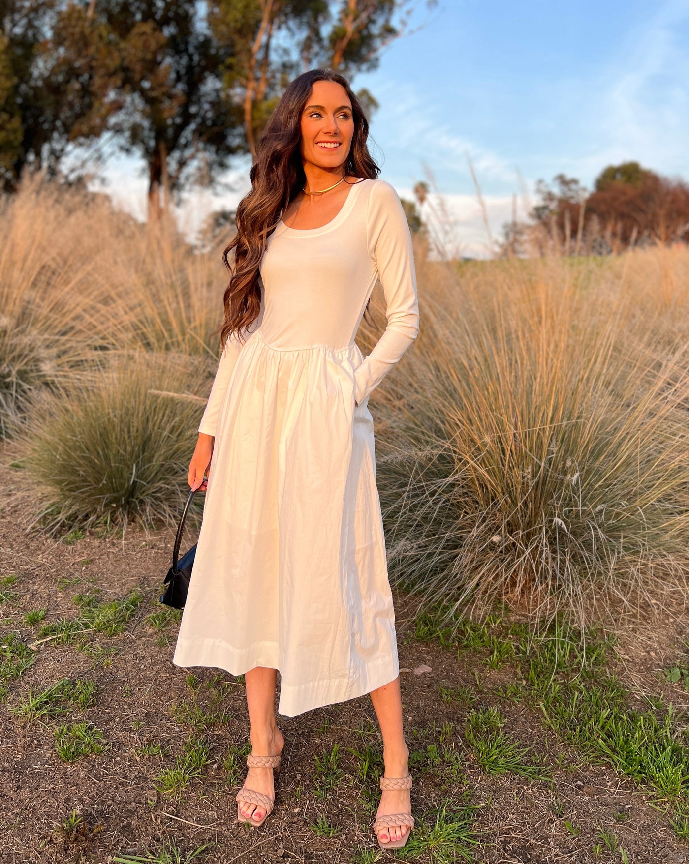 MEROKEETY Long Sleeve Scoop Neck Pleated Swing Midi Dress Merokeety MEROKEETY Long Sleeve Scoop Neck Pleated Swing Midi Dress Merokeety