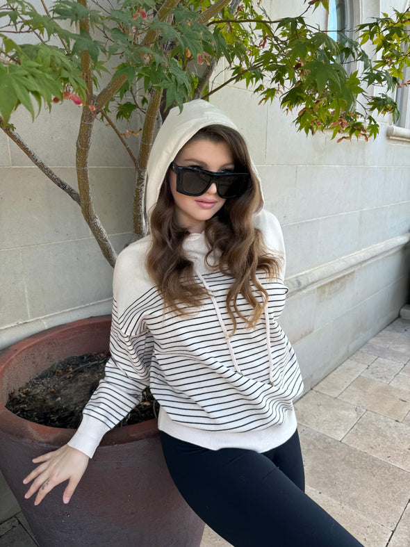 MEROKEETY Striped Sweater Hoodies Loose Pullover Sweatshirts