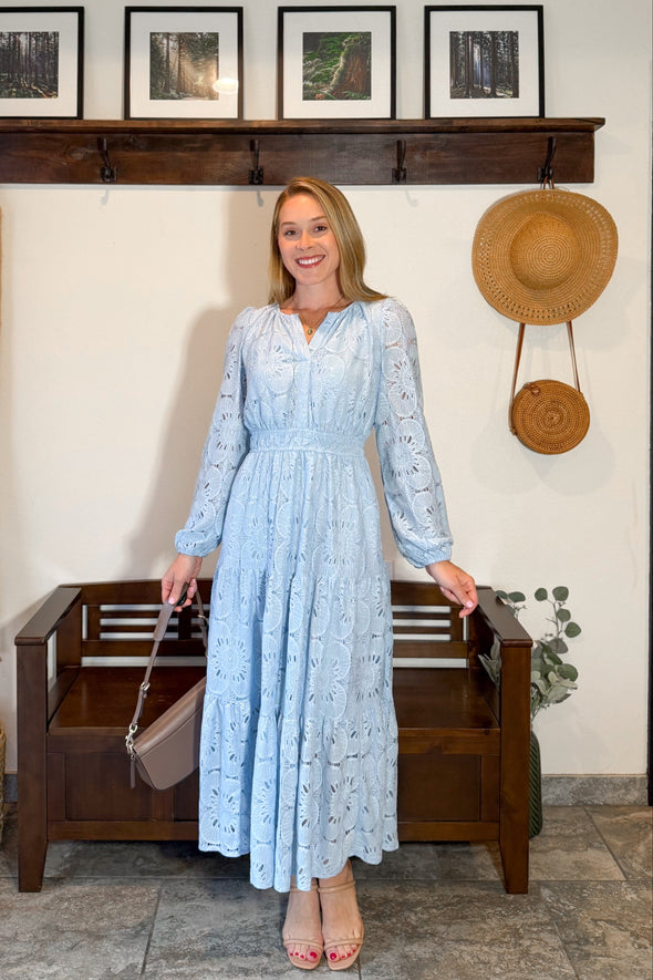 MEROKEETY Floral V Neck Lace Eyelet Hollow Out Tiered Dresses