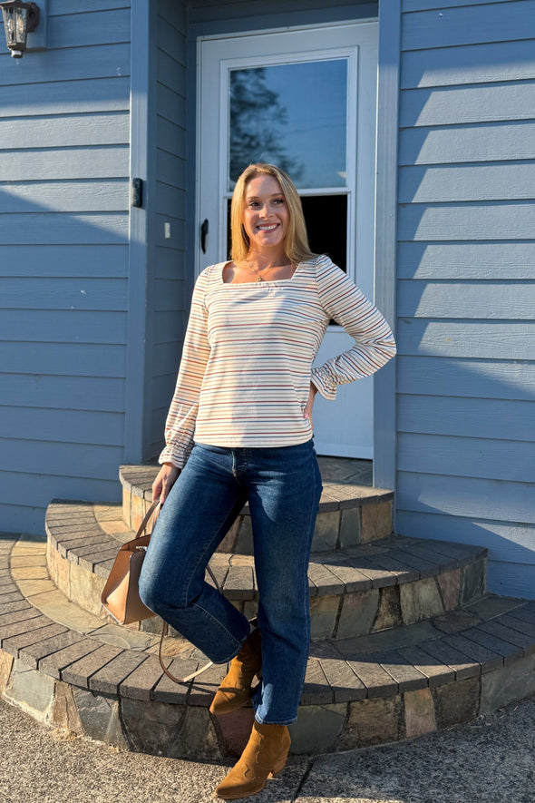 MEROKEETY Square Neck Striped Shirt Puff Casual Loose Tops
