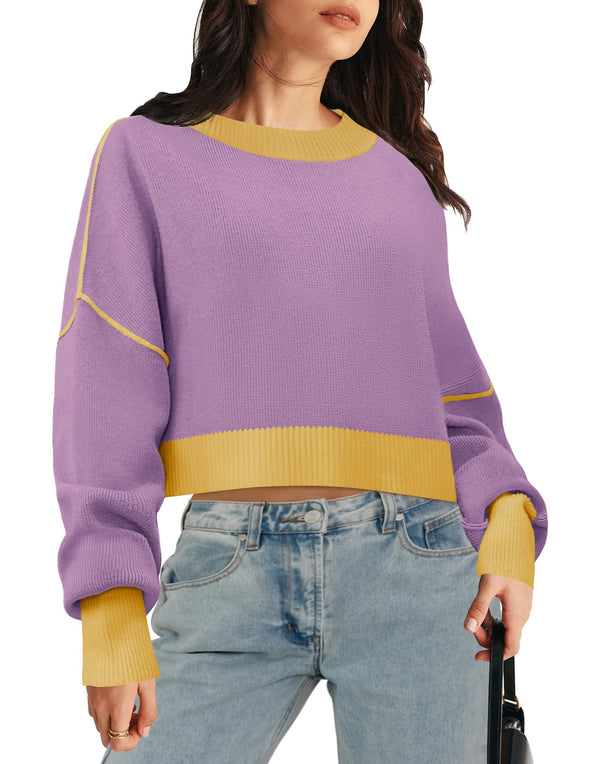 MEROKEETY Crewneck Cropped Color Block Batwing Sleeve Sweater