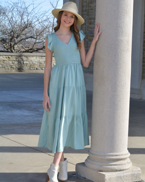 MEROKEETY Short Sleeve Smocke Tiered A-Line Dress