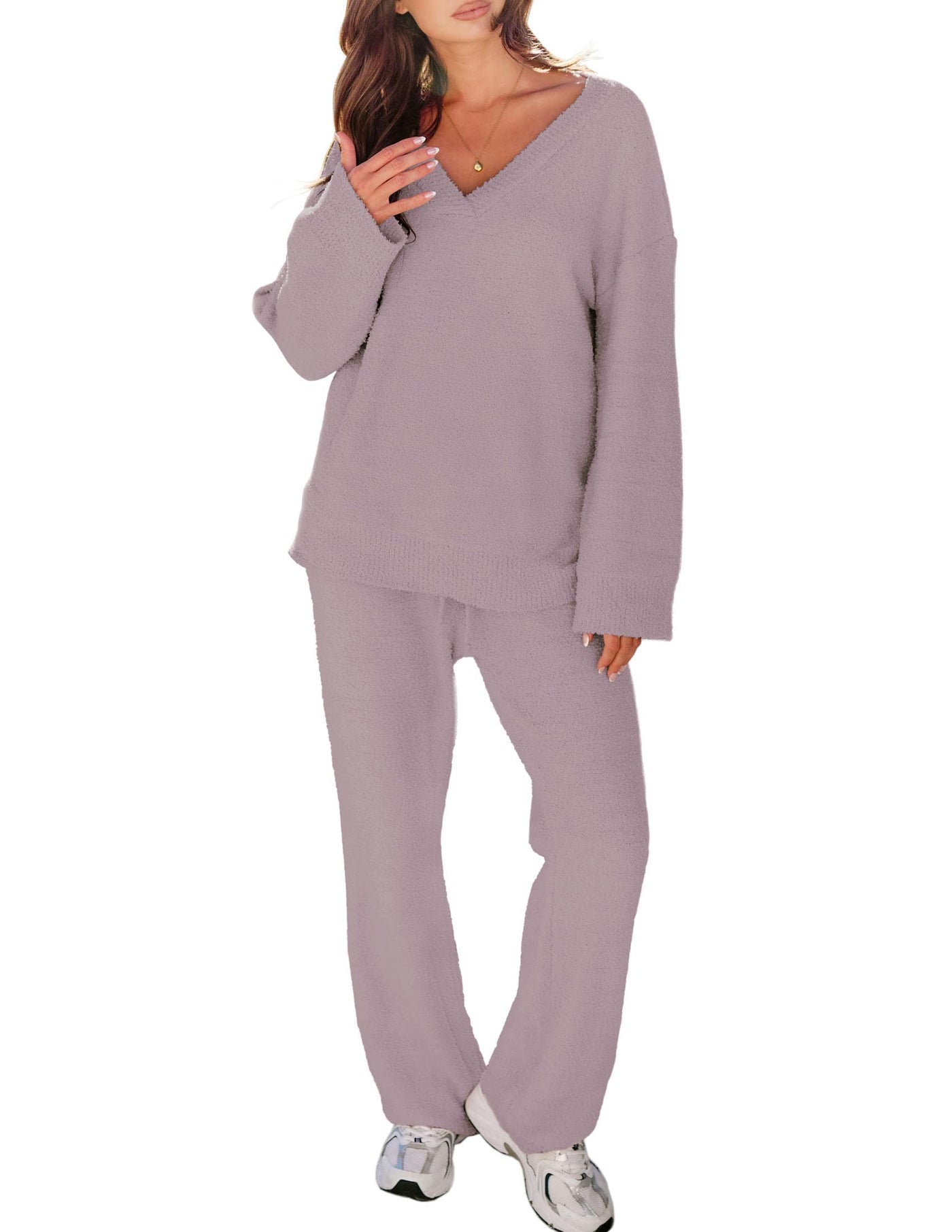 Ailoqing Fuzzy Fleece Pajama Sets for Women Soft Plush Pullover Pants Set 2  Piece Sleepwear Loungewear(Camel-S) at  Women's Clothing store