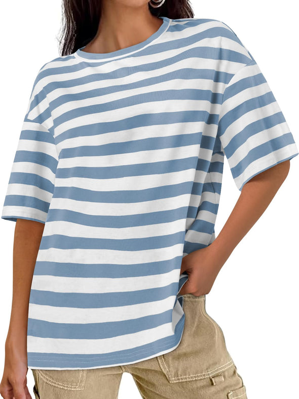 MEROKEETY Half Sleeve Crew Neck Striped Oversized T Shirt