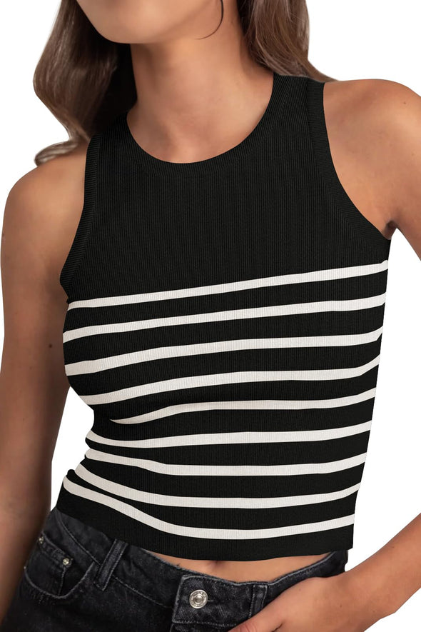 MEROKEETY High Neck Ribbed Knit Striped Tank Top