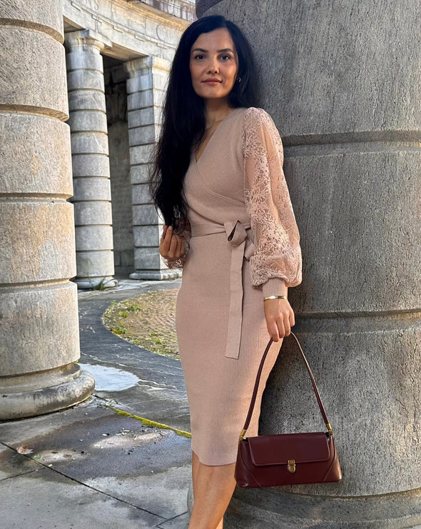 MEROKEETY Lace Long Sleeve V Neck Wrap Knit Midi Dress Merokeety MEROKEETY Lace Long Sleeve V Neck Wrap Knit Midi Dress Merokeety