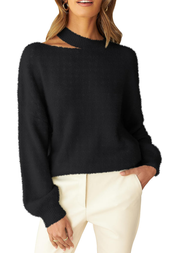 MEROKEETY Lantern Sleeve Halter Neck Cutout Fuzzy Sweater