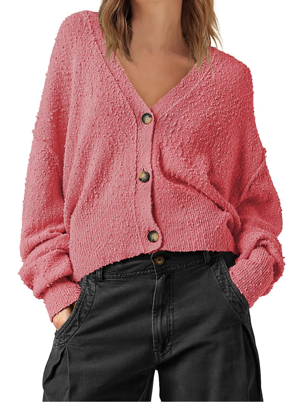 MEROKEETY Long Sleeve Button Open Front Cropped Sweater Cardigan