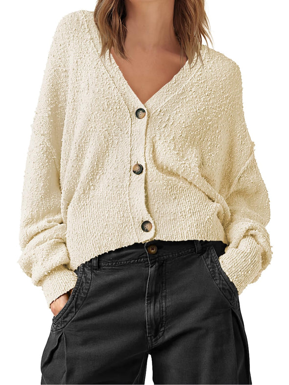 MEROKEETY Long Sleeve Button Open Front Cropped Sweater Cardigan