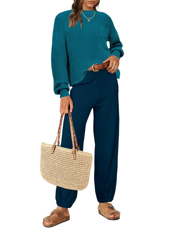 MEROKEETY Long Sleeve Knit Pullover High Waist Pants Sweater Set