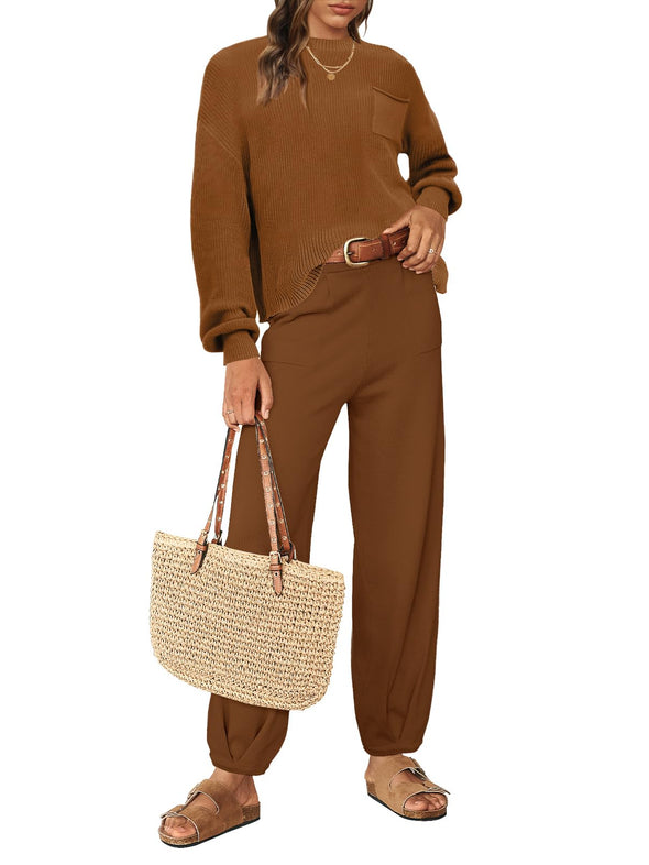 MEROKEETY Long Sleeve Knit Pullover High Waist Pants Sweater Set