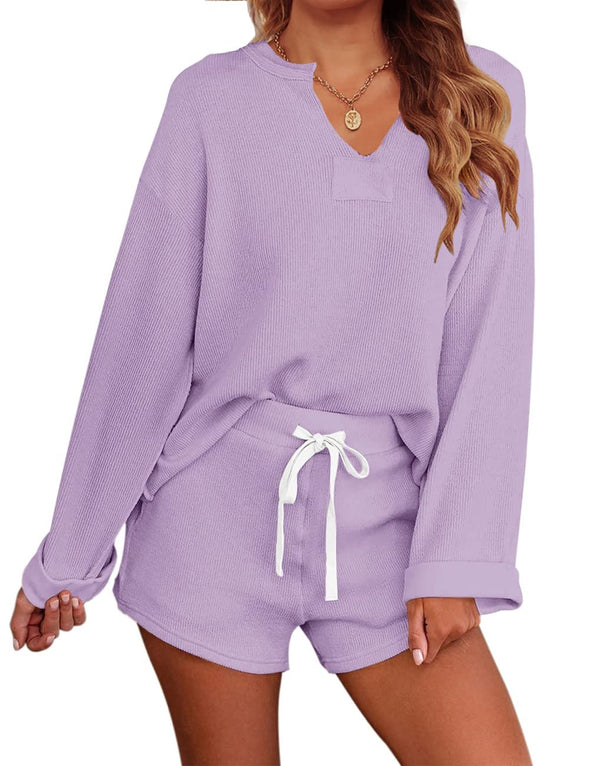 MEROKEETY Long Sleeve Knit Tops and Shorts Pajama Set