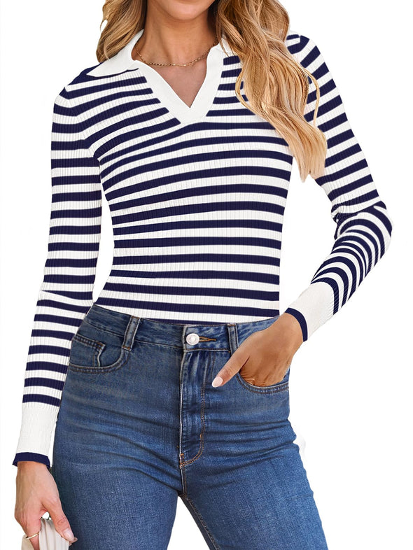 MEROKEETY Long Sleeve Polo V Neck Striped Fitted Ribbed Knit Top