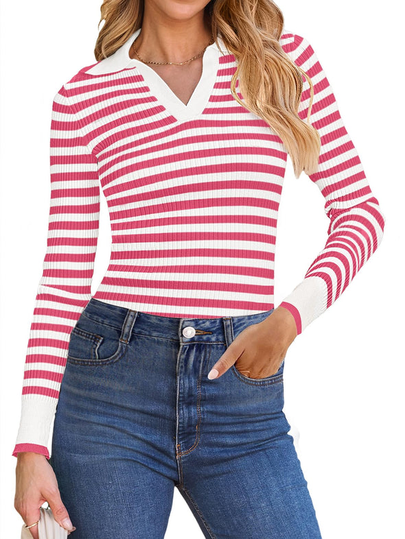 MEROKEETY Long Sleeve Polo V Neck Striped Fitted Ribbed Knit Top