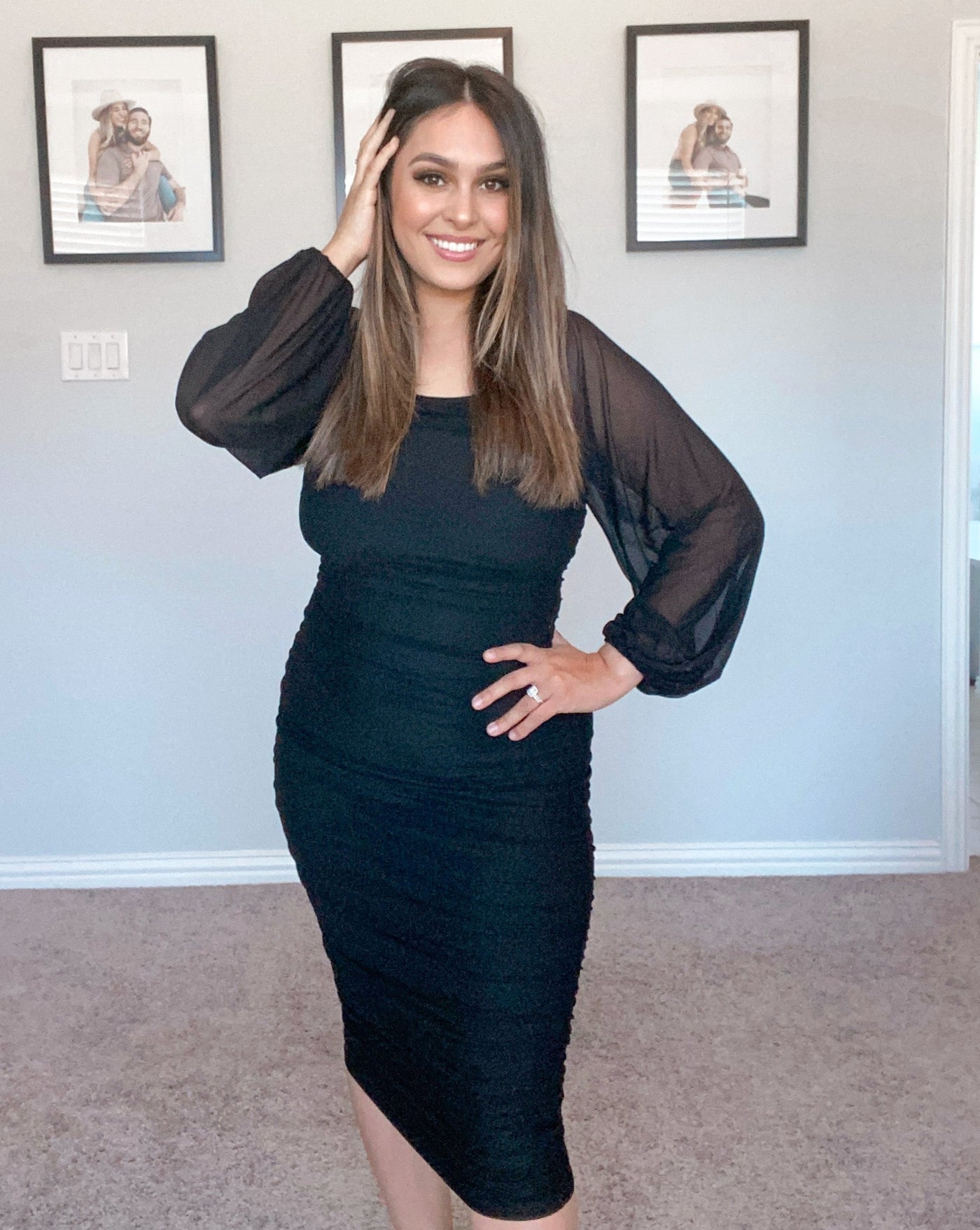 Merokety MEROKEETY Long Sleeve Square Neck Mesh Bodycon Midi Dress – Merokeety