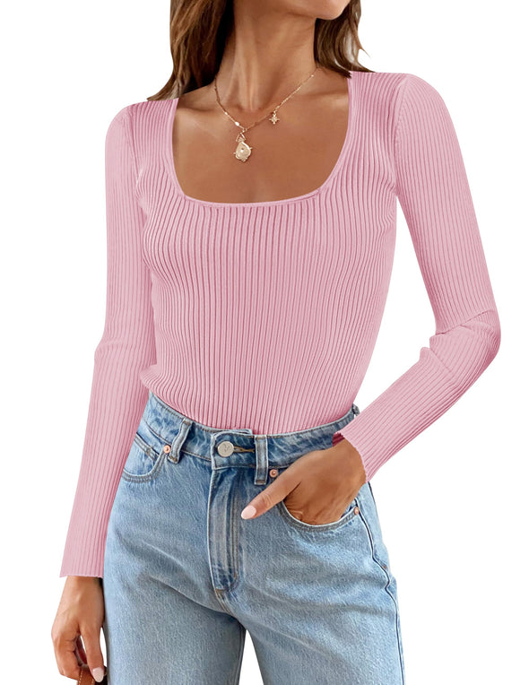 MEROKEETY Long Sleeve Square Neck Slim Fitted Ribbed Knit Top
