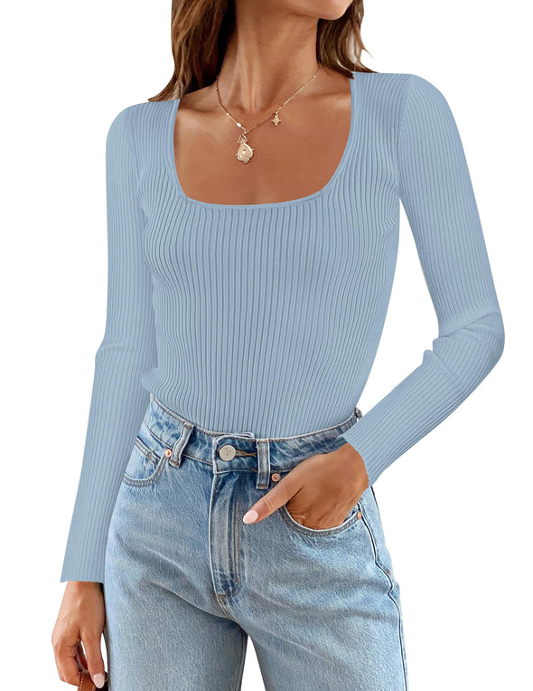 MEROKEETY Long Sleeve Square Neck Slim Fitted Ribbed Knit Top