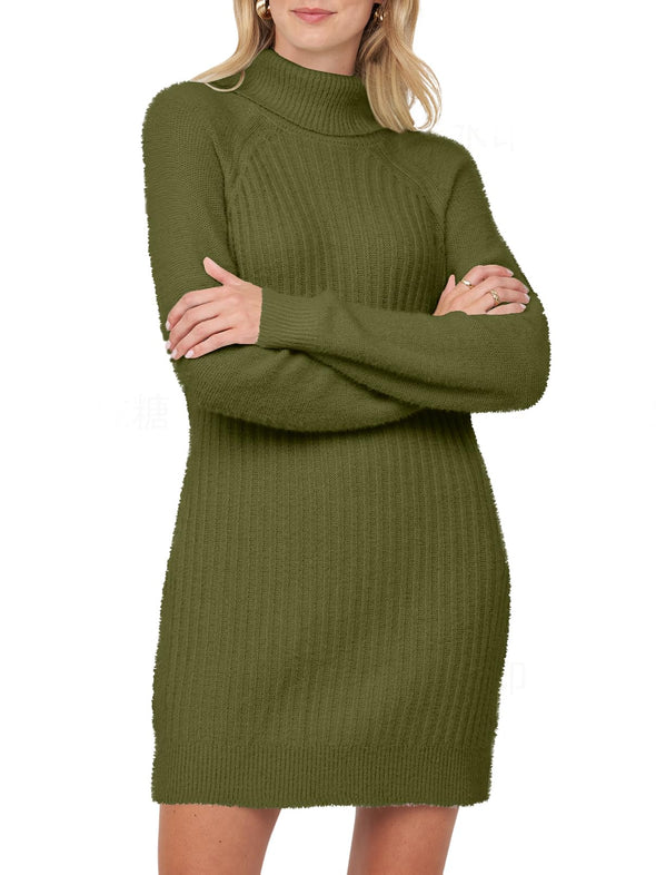 MEROKEETY Long Sleeve Turtleneck Fuzzy Ribbed Sweater Dress