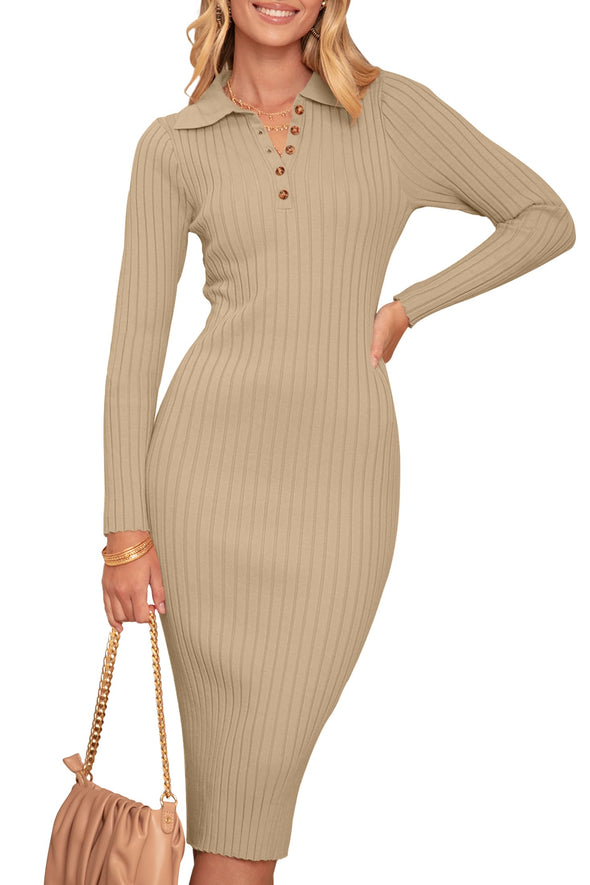 MEROKEETY Long Sleeve V Neck Ribbed Sweater Midi Dress
