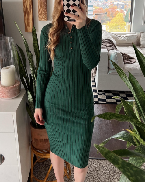 MEROKEETY Long Sleeve V Neck Ribbed Sweater Midi Dress Merokeety MEROKEETY Long Sleeve V Neck Ribbed Sweater Midi Dress Merokeety