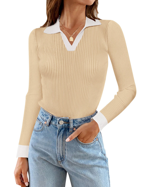 MEROKEETY Long Sleeve V Neck Slim Fitted Ribbed Knit Top