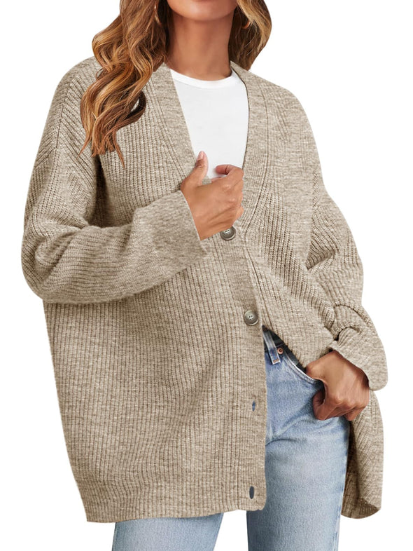 MEROKEETY Open Front Oversized Button V Neck Cardigan Sweater