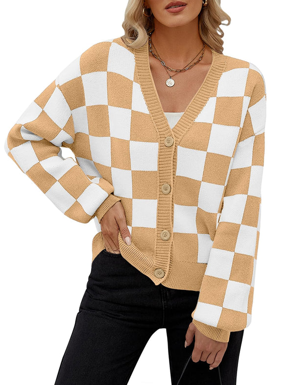 MEROKEETY Plaid Button V Neck Cropped Cardigan Sweater