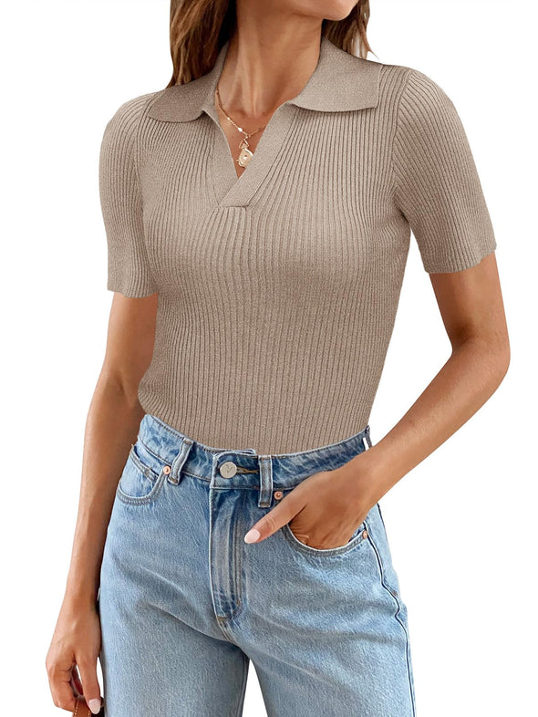 MEROKEETY Short Sleeve V Neck Collar Fitted Ribbed Knit Top