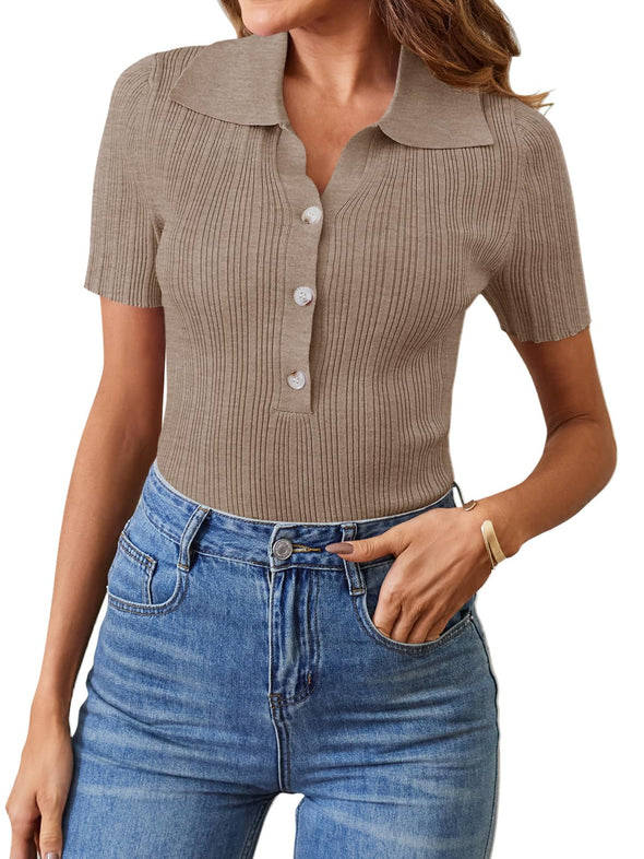 MEROKEETY Short Sleeve V Neck Ribbed Knit Polo T Shirt