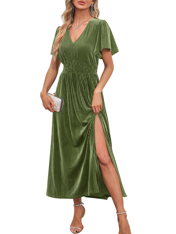 MEROKEETY Short Sleeve V Neck Side Slit Velvet Maxi Dress