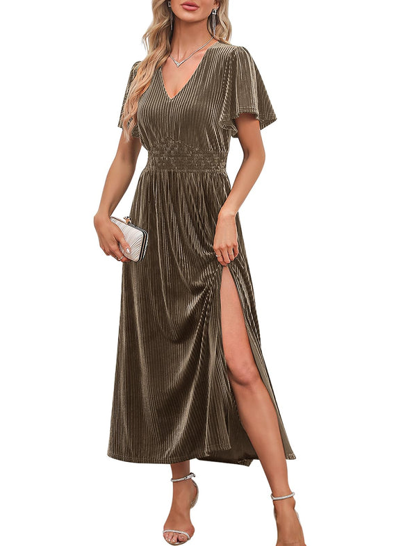 MEROKEETY Short Sleeve V Neck Side Slit Velvet Maxi Dress