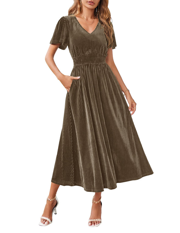 MEROKEETY Short Sleeve V Neck Velvet Maxi Dress