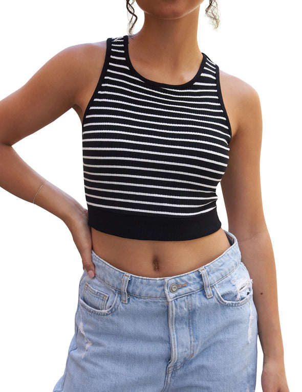 MEROKEETY Sleeveless Y2k Rib Knit Fitted Striped Crop Top