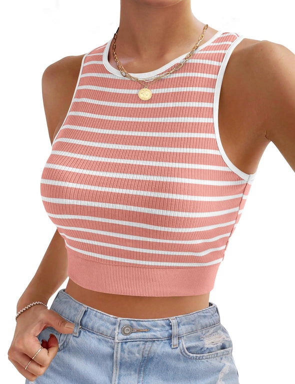 MEROKEETY Sleeveless Y2k Rib Knit Fitted Striped Crop Top