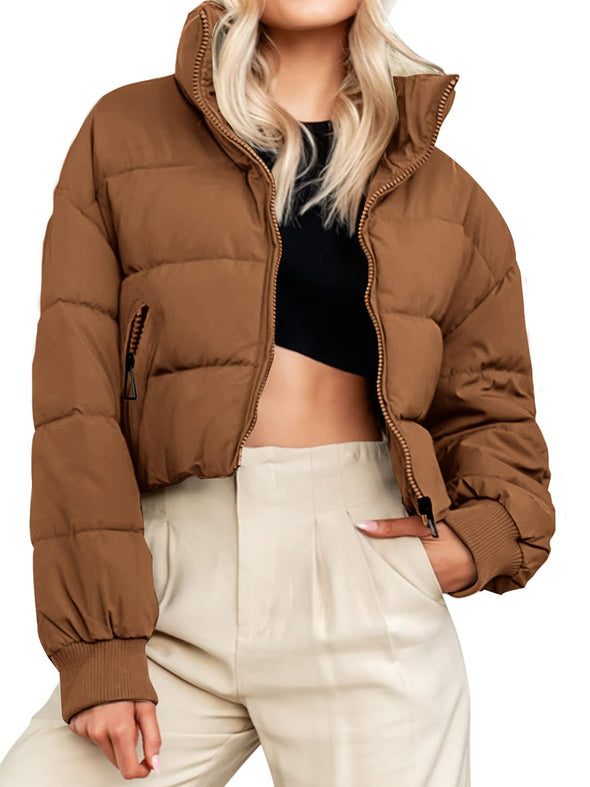 MEROKEETY Stand Collar Zip-Up Oversized Cropped Puffer Jacket Coat