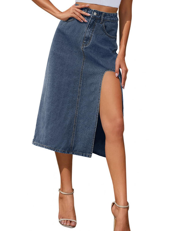 MEROKEETY Thigh High Waist A Line Side Split Midi Denim Skirt