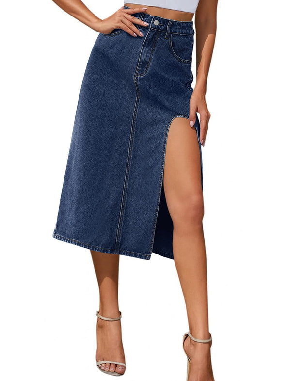 MEROKEETY Thigh High Waist A Line Side Split Midi Denim Skirt