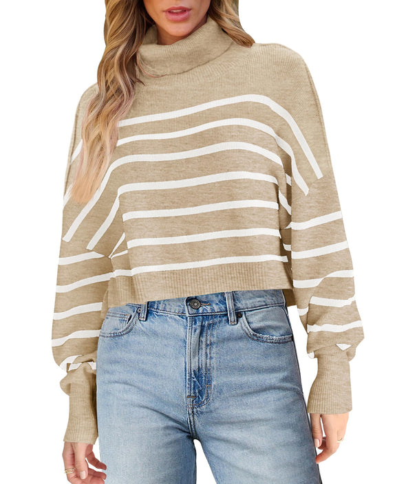 MEROKEETY Turtleneck Striped Oversized Ribbed Knit Cropped Sweater