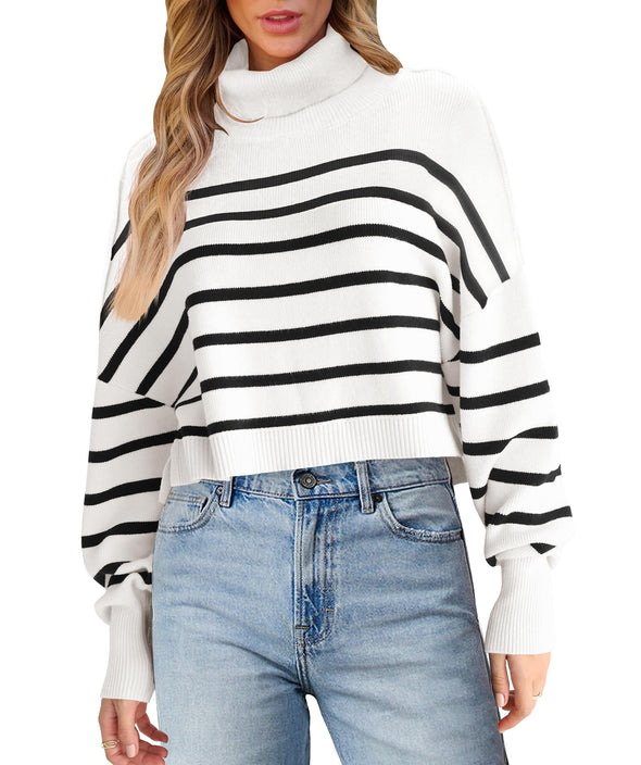MEROKEETY Turtleneck Striped Oversized Ribbed Knit Cropped Sweater