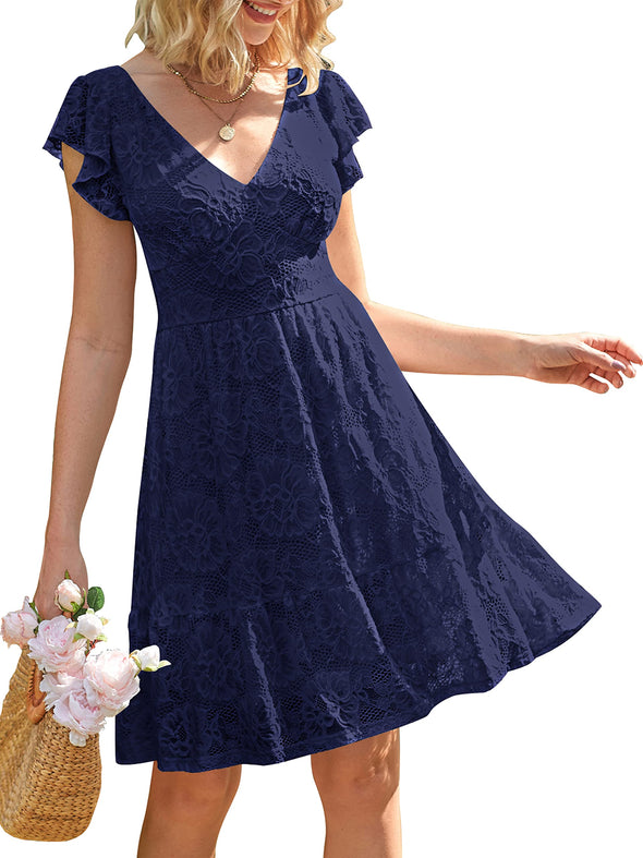 MEROKEETY V Neck Flutter Sleeve Floral Lace Tie Back Mini Dress Merokeety MEROKEETY V Neck Flutter Sleeve Floral Lace Tie Back Mini Dress Merokeety
