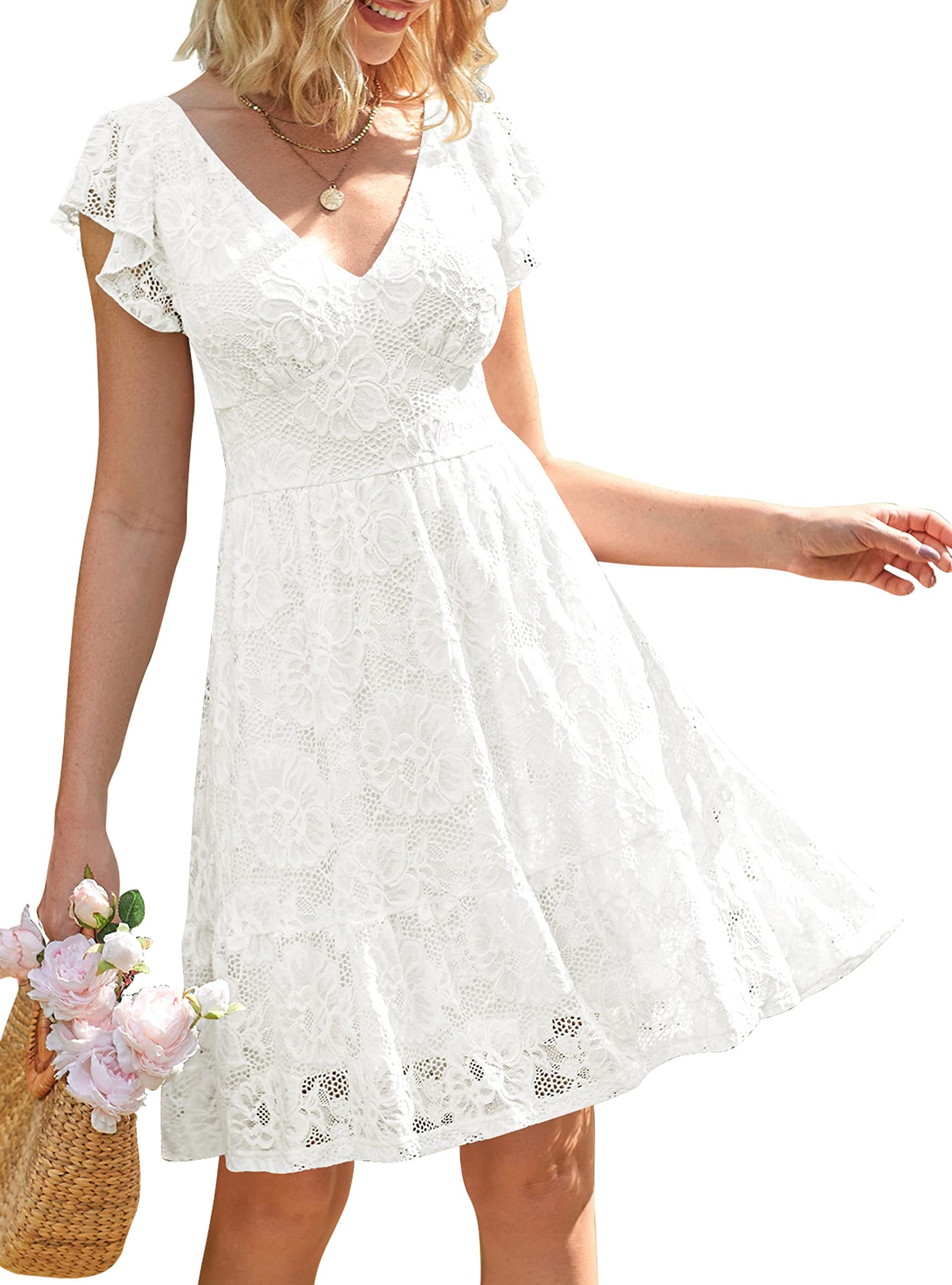 MEROKEETY V Neck Flutter Sleeve Floral Lace Tie Back Mini Dress Merokeety MEROKEETY V Neck Flutter Sleeve Floral Lace Tie Back Mini Dress Merokeety