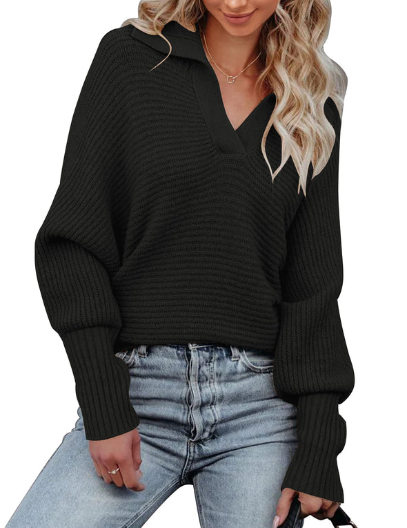 MEROKEETY V Neck Foldover Collar Oversized Sweater