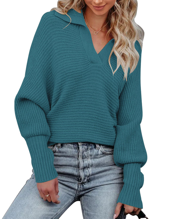 MEROKEETY V Neck Foldover Collar Oversized Sweater
